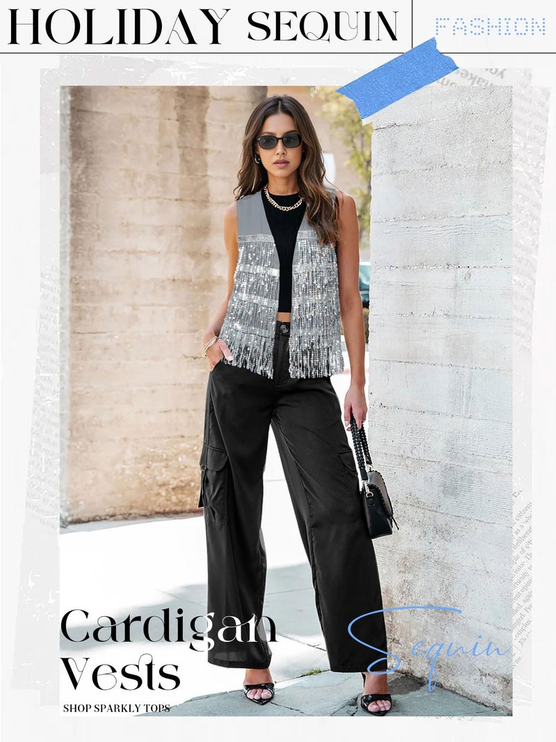 ZXZY Womens Sequin Fringe Sleeveless Vest Sparkly Lightweight Fitted Jacket Cardigan - Image 3
