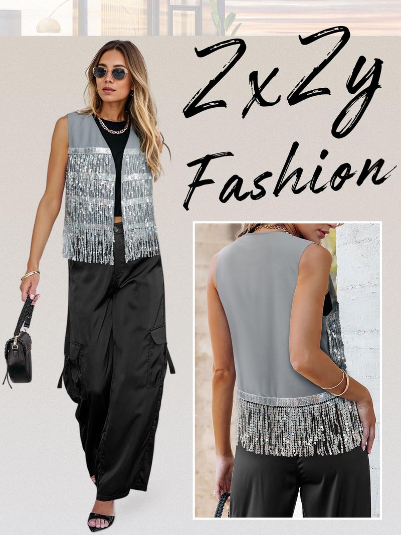 ZXZY Womens Sequin Fringe Sleeveless Vest Sparkly Lightweight Fitted Jacket Cardigan - Image 4