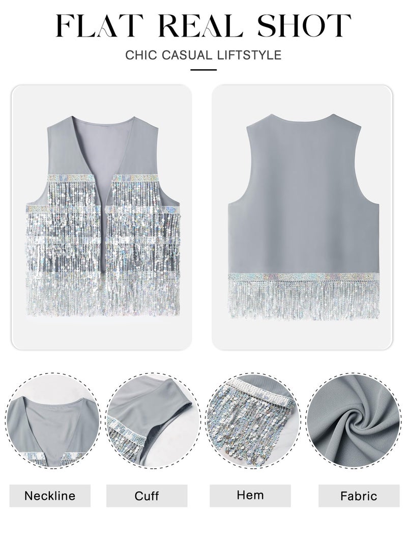 ZXZY Womens Sequin Fringe Sleeveless Vest Sparkly Lightweight Fitted Jacket Cardigan - Image 2