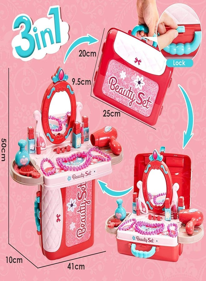 High Trusted Big Beauty Set for Kids Girls 3 in 1 Learning Educational Make Up Suitcase Kit with Makeup Accessories Pretend Play Set Portable Suitcase Toy Gift for Girls (Pink) - Image 3