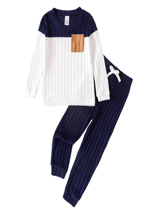 ROMPERINBOX Toddler Boy Clothes Fleece Fall Winter Outfit, Ribbed Color Block Long Sleeve Sweatshirt and Solid Pants 2Pcs Set (Blue, 2T) - Image 1