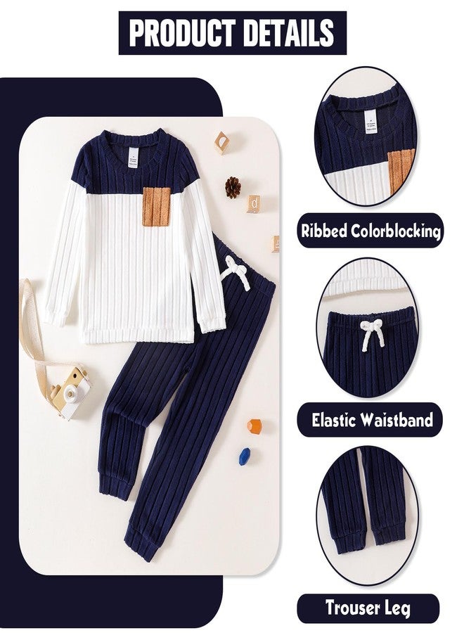 ROMPERINBOX Toddler Boy Clothes Fleece Fall Winter Outfit, Ribbed Color Block Long Sleeve Sweatshirt and Solid Pants 2Pcs Set (Blue, 2T) - Image 2