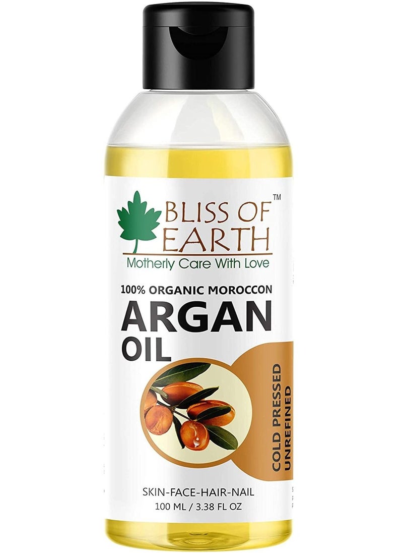 BLISS OF EARTH 100% Organic Argan Oil Of Morocco For Face Hair & Skin Cold Pressed & Unrefined 100ml  - Image 1