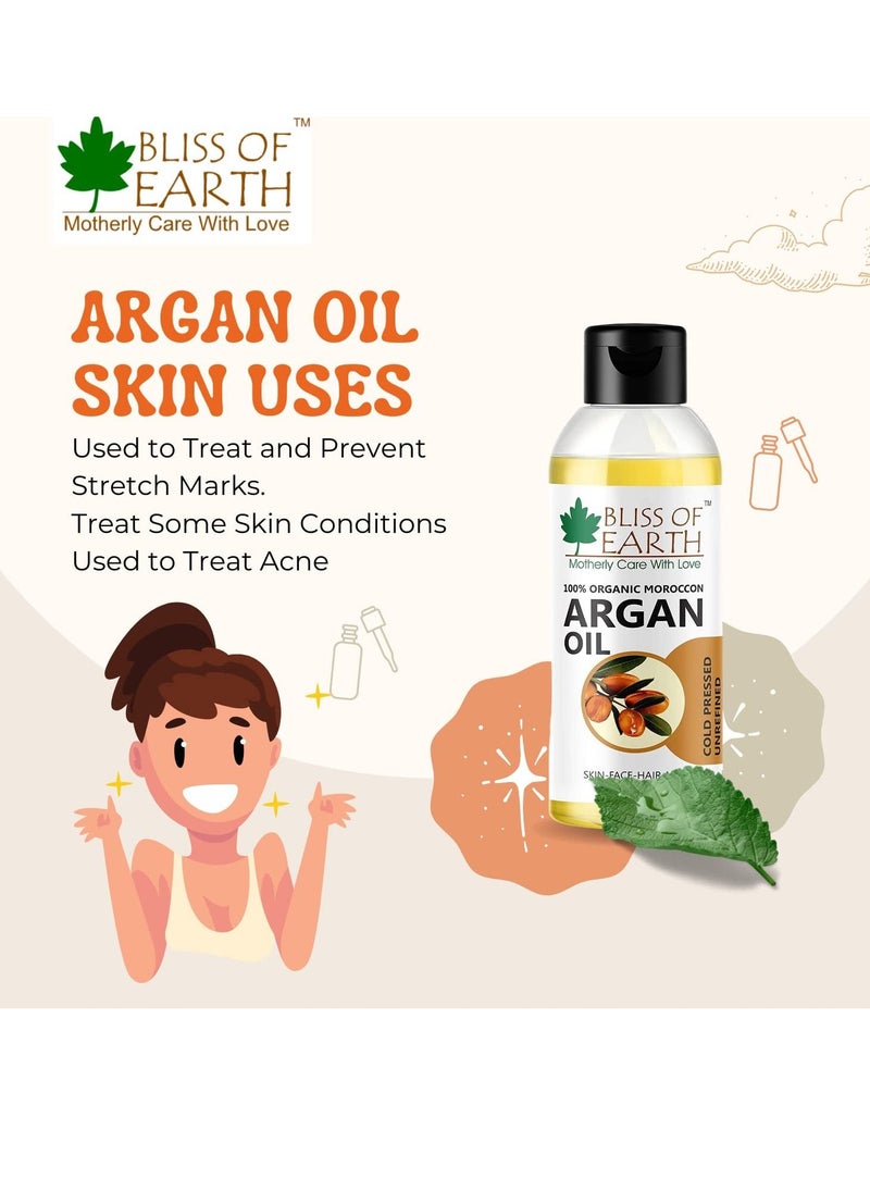 BLISS OF EARTH 100% Organic Argan Oil Of Morocco For Face Hair & Skin Cold Pressed & Unrefined 100ml  - Image 2