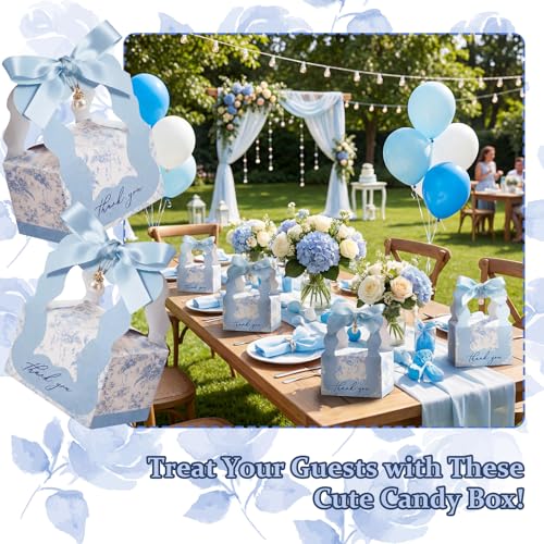 ForraFun 50 Sets Floral Wedding Favor Boxes with Pearl Pendant Bow Ribbon Floral Wedding Party Candy Boxes Bridal Gift for Guests Bridal Shower Birthday Party Anniversary Supplies(Blue) - Image 5