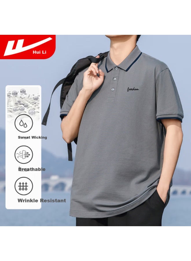 Men's Short Sleeve T-shirt Summer Breathable Polo Shirt Quick-drying Ice Silk Sports Casual Top Men's Gray 2XL - Image 1