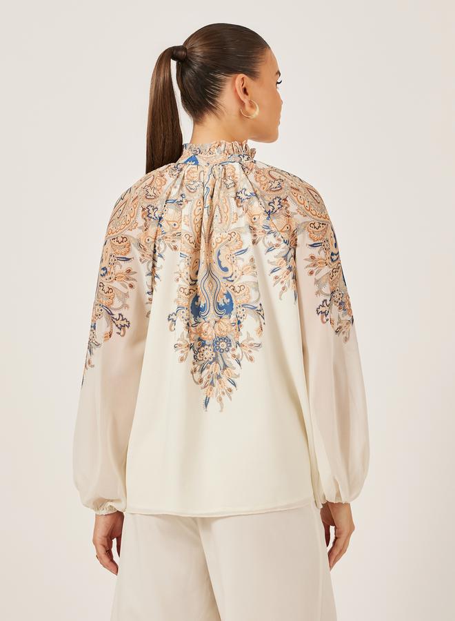 Styli Placement Print Balloon Sleeve Blouse - Image 5