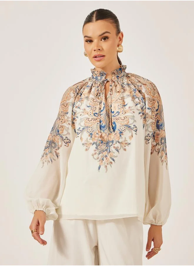 Styli Placement Print Balloon Sleeve Blouse