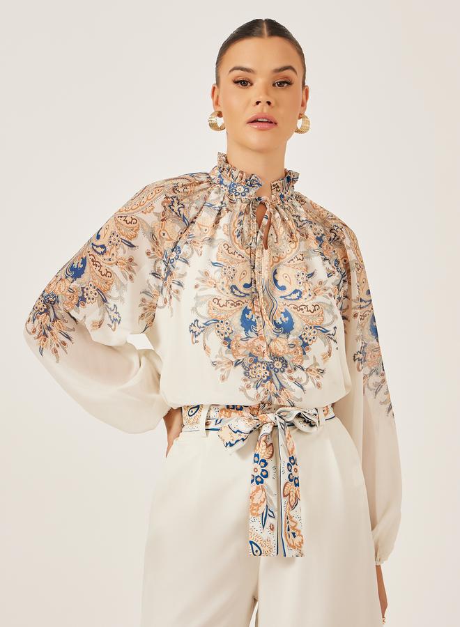 Styli Placement Print Balloon Sleeve Blouse - Image 1