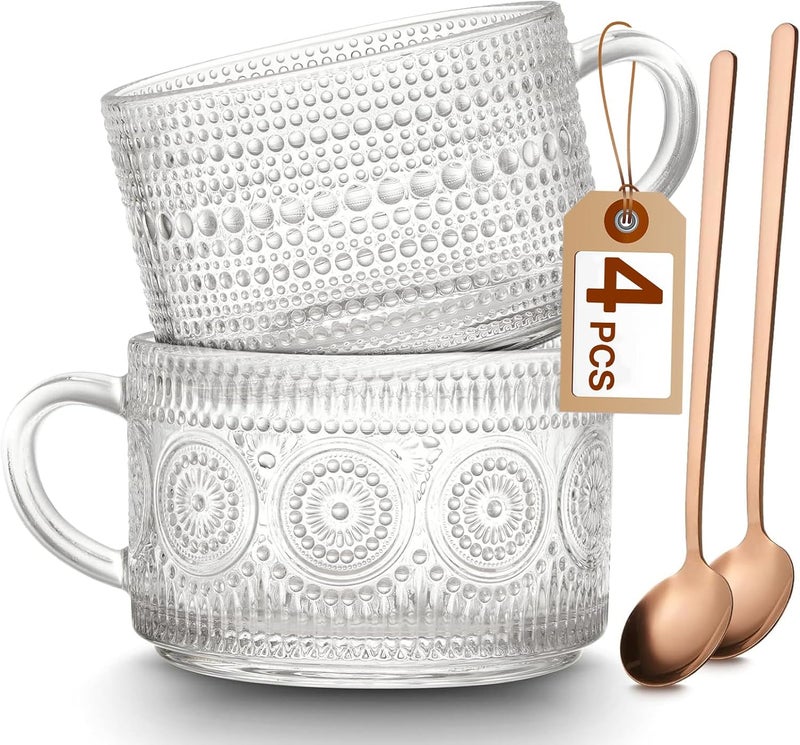 Mfacoy Vintage Coffee Mugs Set of 2, 14 oz Embossed Glass Cups with Handle, Clear Cups for Cappuccino, Latte, Cereal, Yogurt, Milk, Hot or Cold Beverages - Image 1
