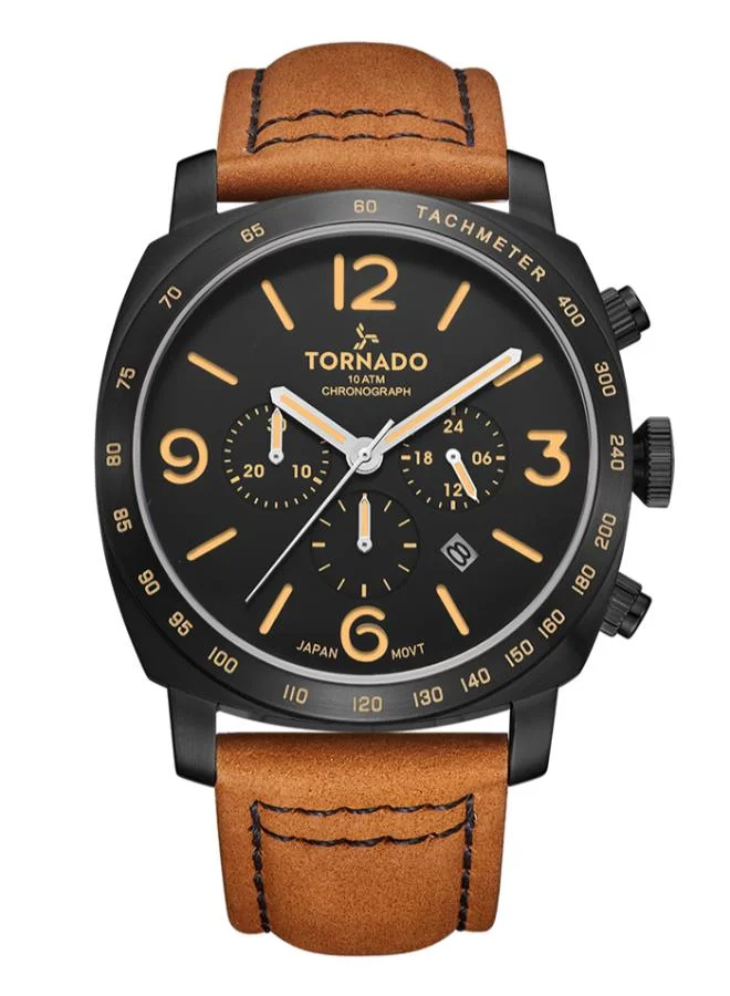 تورنيدو Men's Leather Chronograph Watch T9102-BLEB - 43x52 mm