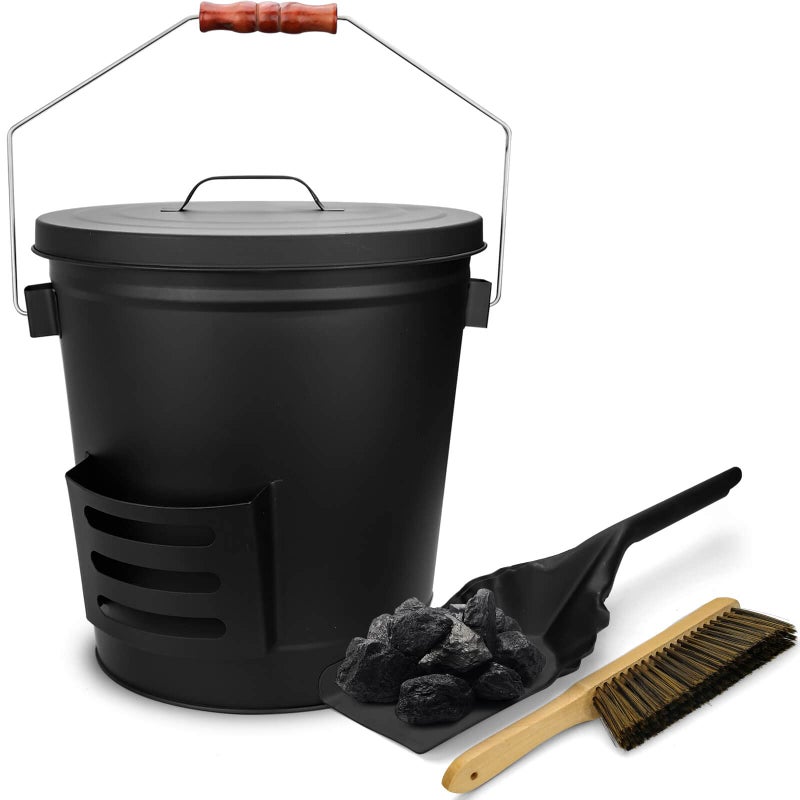 GRISUN Grisun Ash Bucket with Lid Shovel and Hand Broom 52 Gallon Coal Bucket for Fireplace Charcoal Wood Fire Pits Burning Stoves Large Pail Pellet Metal Buckets Ash Can for Indoor and Outdoor 