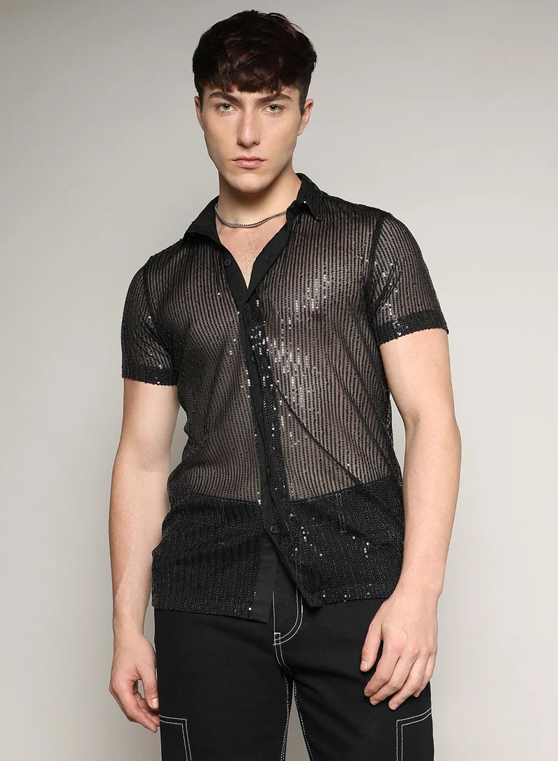 Campus Sutra Campus Sutra Men's Onyx Black Sheer Sequin Shirt For Casual Wear | Spread Collar | Short Sleeve | Button Closure | Shirt Crafted With Comfort Fit For Everyday Wear