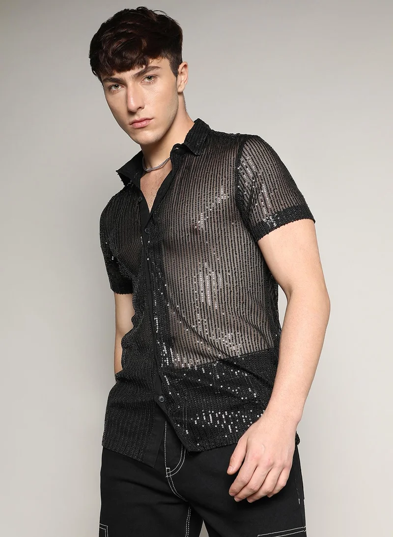 Campus Sutra Campus Sutra Men's Onyx Black Sheer Sequin Shirt For Casual Wear | Spread Collar | Short Sleeve | Button Closure | Shirt Crafted With Comfort Fit For Everyday Wear
