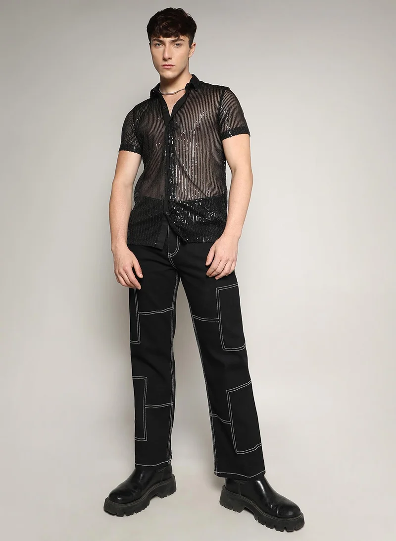 Campus Sutra Campus Sutra Men's Onyx Black Sheer Sequin Shirt For Casual Wear | Spread Collar | Short Sleeve | Button Closure | Shirt Crafted With Comfort Fit For Everyday Wear