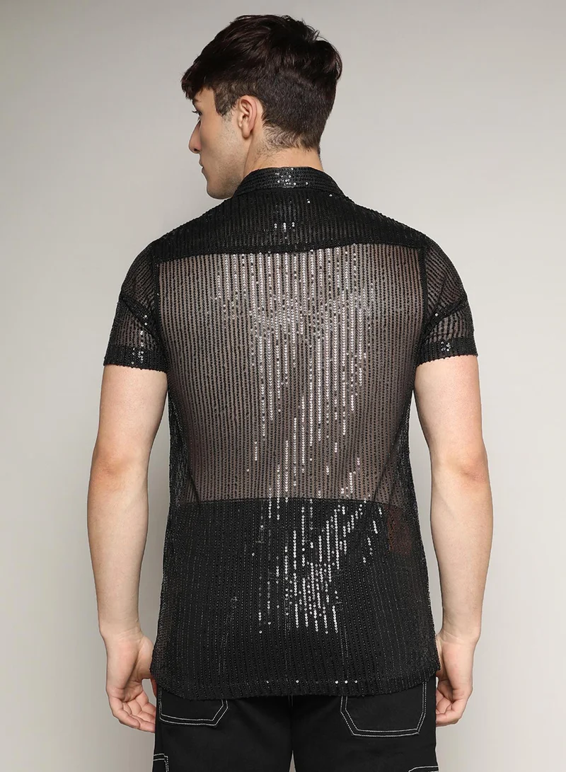Campus Sutra Campus Sutra Men's Onyx Black Sheer Sequin Shirt For Casual Wear | Spread Collar | Short Sleeve | Button Closure | Shirt Crafted With Comfort Fit For Everyday Wear