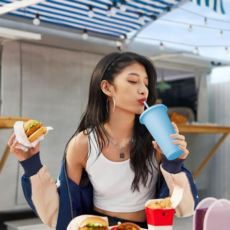 OZMOJOO 24 oz Plastic Cups With Lids and Straws, Sturdy & Food-Safe Iced Coffee Cups With Lid, Plastic Tumbler Reusable, Drinking Cups for Cold Drinks, Milkshakes, Smoothies - Sky Blue(12 Sets) - Image 4