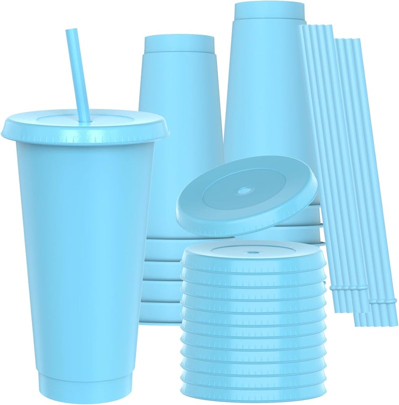 OZMOJOO 24 oz Plastic Cups With Lids and Straws, Sturdy & Food-Safe Iced Coffee Cups With Lid, Plastic Tumbler Reusable, Drinking Cups for Cold Drinks, Milkshakes, Smoothies - Sky Blue(12 Sets) - Image 1