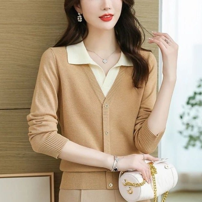 Spring and Autumn New style lapel Western style fake two-piece top knitted bottoming 2024 spring shirt fashionable western style season thin autumn 2281 Yellow Camel