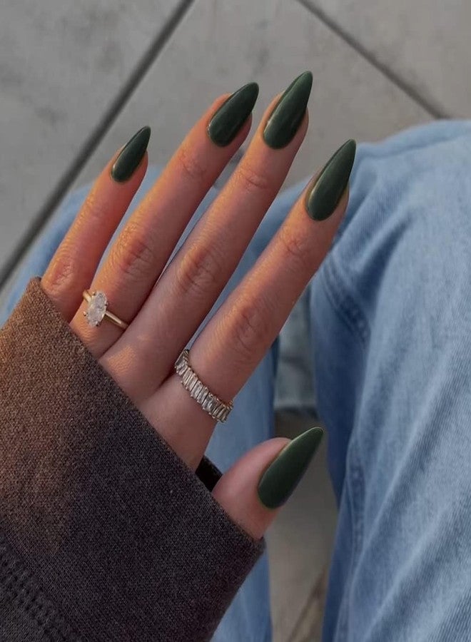 XCREANDO Emerald Green Press on Nails Almond Shaped Nails Press ons, Medium Fake Nails Almond Acrylic Nails Glue on Nail Medium Length False Nail for Women Thick Natural Gel Stiletto 24Pcs - Image 3