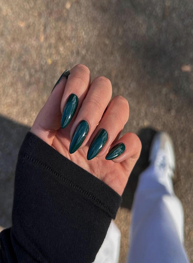 XCREANDO Emerald Green Press on Nails Almond Shaped Nails Press ons, Medium Fake Nails Almond Acrylic Nails Glue on Nail Medium Length False Nail for Women Thick Natural Gel Stiletto 24Pcs - Image 2