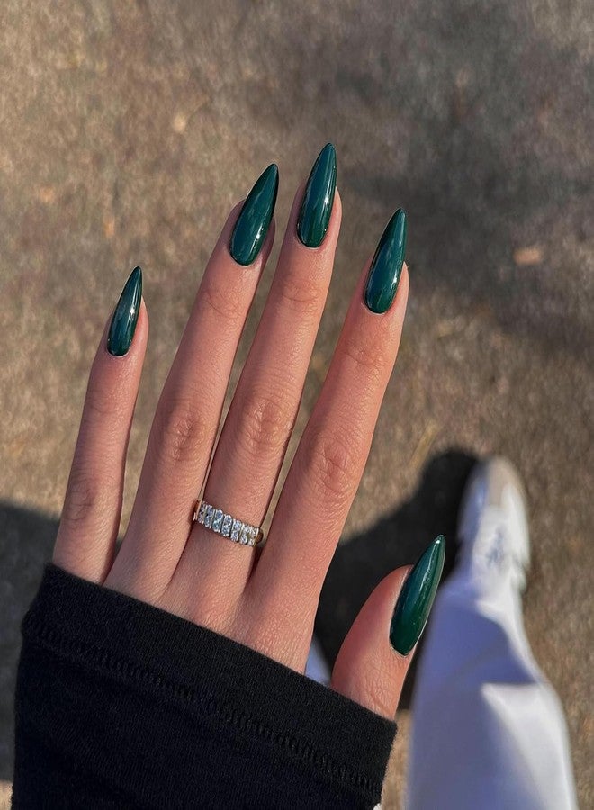 XCREANDO Emerald Green Press on Nails Almond Shaped Nails Press ons, Medium Fake Nails Almond Acrylic Nails Glue on Nail Medium Length False Nail for Women Thick Natural Gel Stiletto 24Pcs - Image 1