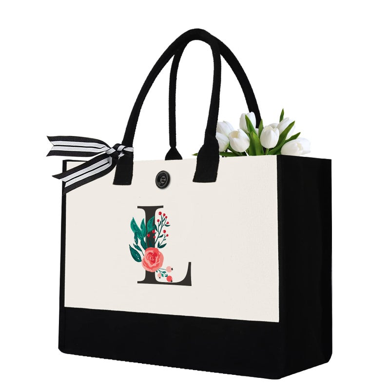 Initial Canvas Tote Bag Personalized Birthday Gifts for Women Mom Friends Teachers Monogrammed Tote Bags Suitable for Mothers Day Wedding Beach Letter L