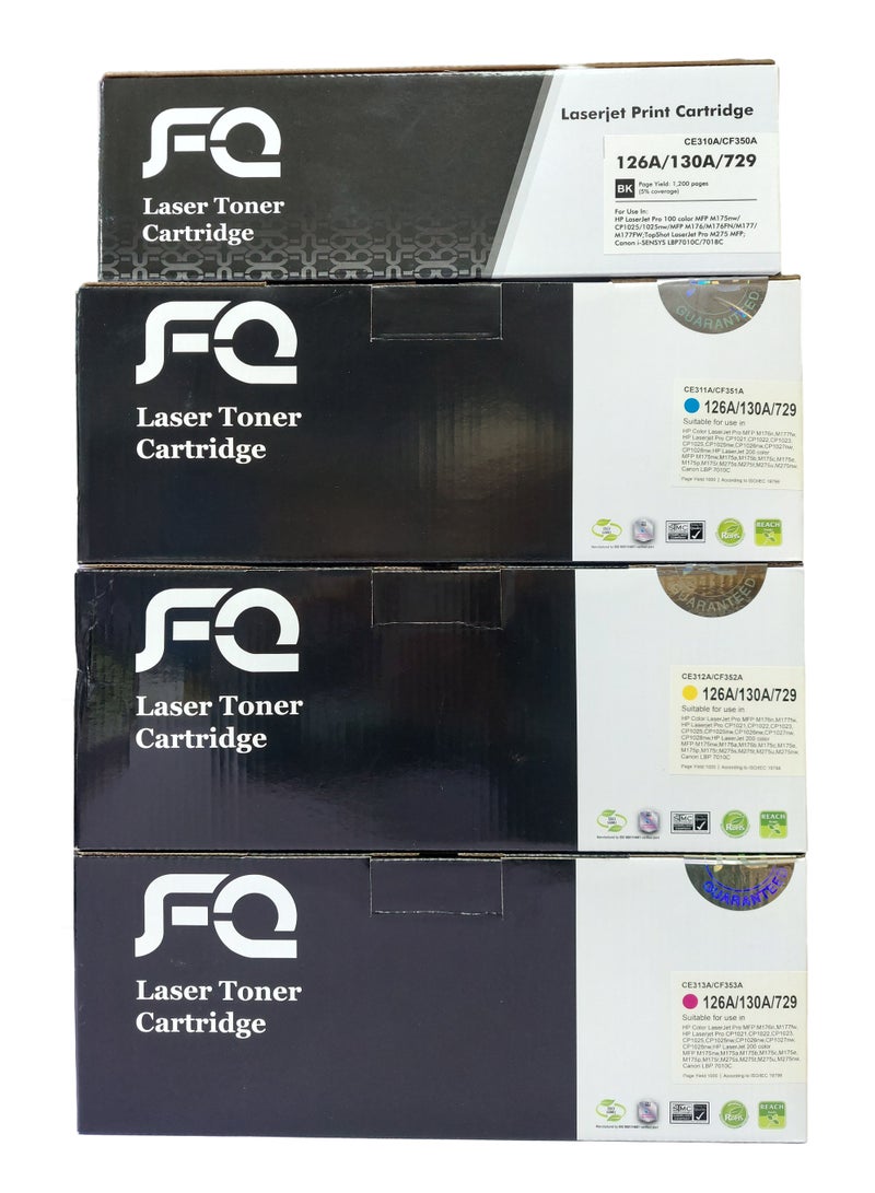 أف كيو حبر متوافق مع خرطوشة HP 130A حبر بديل لطابعات HP 130A CF351A CF352A CF353A حبر متوافق مع طابعة Laserjet Pro Color MFP M177fw M176n M177 M176 (1 أسود، 1 سماوي، 1 أرجواني، 1 أصفر، عبوة من 4 قطع) - Image 1