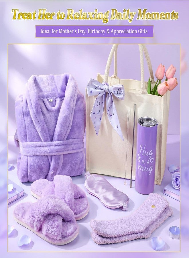 Patelai 7 Pcs Birthday Gifts for Women Spa Robe and Slippers Set Self Care Gift Basket for Women Spa Gift Basket for Friend(Purple) - Image 5