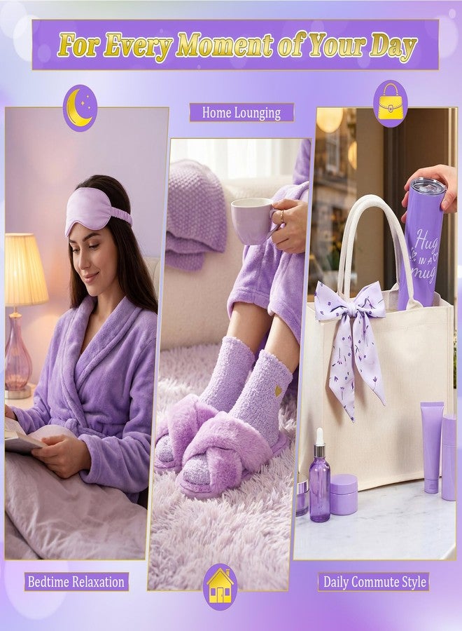 Patelai 7 Pcs Birthday Gifts for Women Spa Robe and Slippers Set Self Care Gift Basket for Women Spa Gift Basket for Friend(Purple) - Image 3
