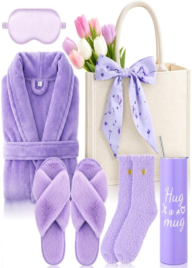Patelai 7 Pcs Birthday Gifts for Women Spa Robe and Slippers Set Self Care Gift Basket for Women Spa Gift Basket for Friend(Purple) - Image 1
