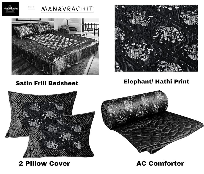 ManavRachit Satin Gold Printed 310 TC Wedding Bedding Set Bedsheet with 2 Pillow Covers for Home Living RoomSet of 3pc HathiElephant PrintMaroon - Image 5