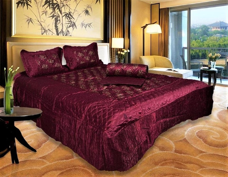 ManavRachit Satin Gold Printed 310 TC Wedding Bedding Set Bedsheet with 2 Pillow Covers for Home Living RoomSet of 3pc HathiElephant PrintMaroon - Image 1