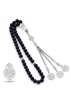 Subhati Prayer Beads (Misbah  ) with metal Parts and Onyx | 8 MM Beads - 45 Pcs |Gandeel Writing 4  - Image 1