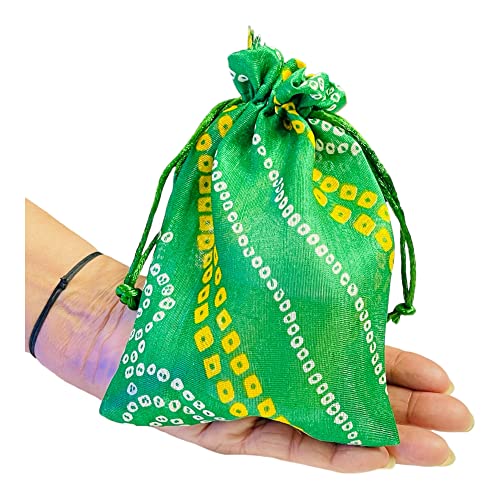 Krisah Pack of 50 pcs Potli Gift Pouches Bags, Small Size,18 cm X 12 cm, Bandhej Print, Green - Image 2