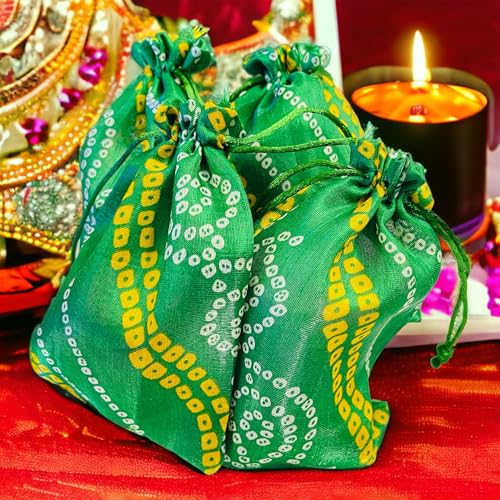 Krisah Pack of 50 pcs Potli Gift Pouches Bags, Small Size,18 cm X 12 cm, Bandhej Print, Green - Image 3