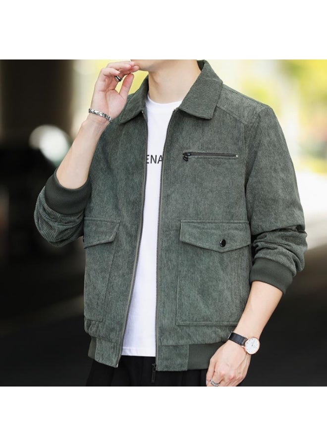 Autumn and Winter Casual Jacket Vintage Corduroy Lapel Coat - Green - Image 1