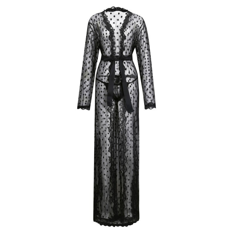 Mens Polka Dot Japanese Kimono Long Satin Lace Robe with Thong Black  - Image 1