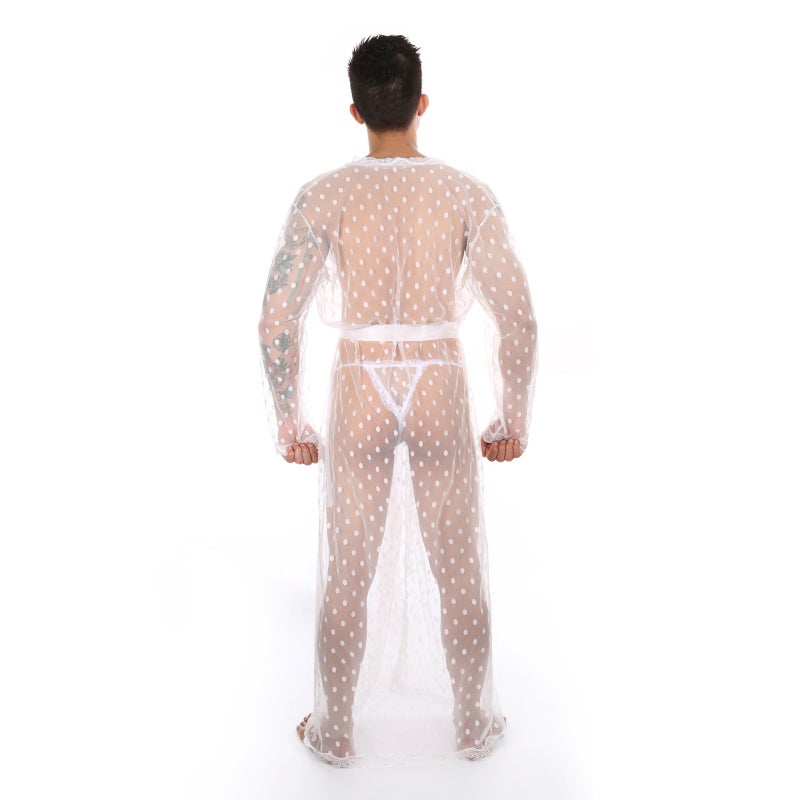 Mens Polka Dot Japanese Kimono Long Satin Lace Robe with Thong Black  - Image 5
