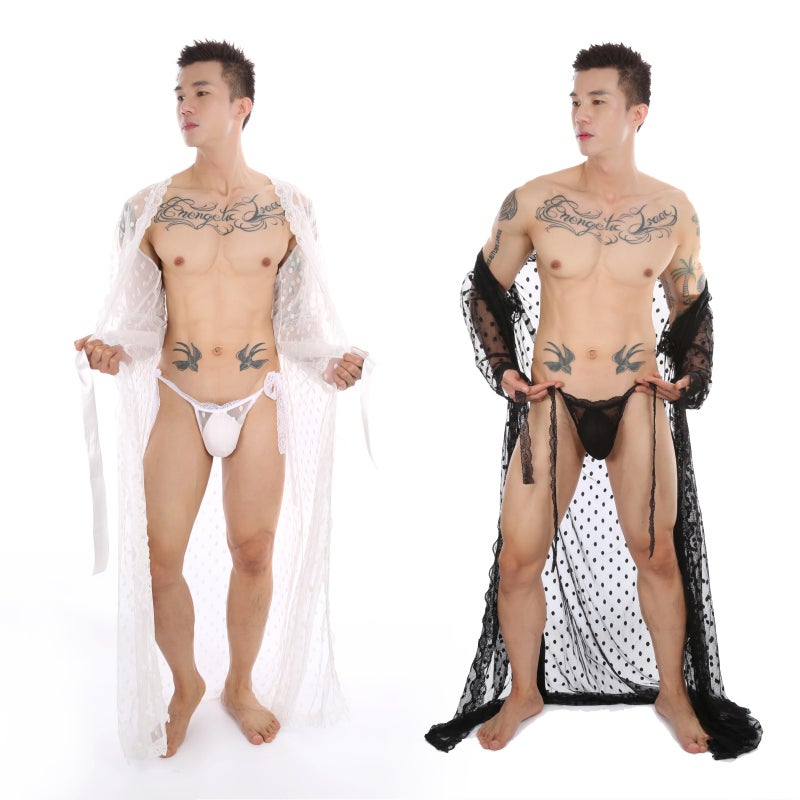 Mens Polka Dot Japanese Kimono Long Satin Lace Robe with Thong Black  - Image 3