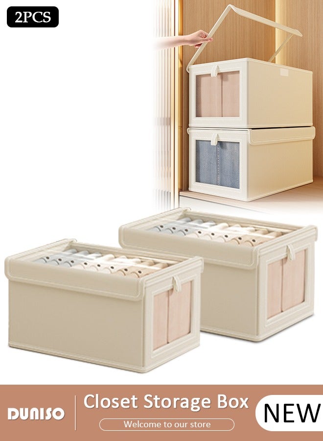 2 Pieces Foldable Closet Storage Organizer with Clear Lid and Window, Washable Closet Storage Boxes with Carrying Handles , Stackable Wardrobe Clothes Organizer,Cube Storage Bin for Clothes Wardrobe Home Bedroom Office
