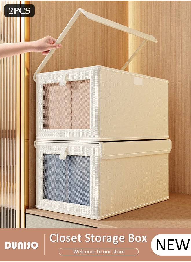 DUNISO 2 Pieces Foldable Closet Storage Organizer with Clear Lid and Window, Washable Closet Storage Boxes with Carrying Handles , Stackable Wardrobe Clothes Organizer,Cube Storage Bin for Clothes Wardrobe Home Bedroom Office  - Image 1