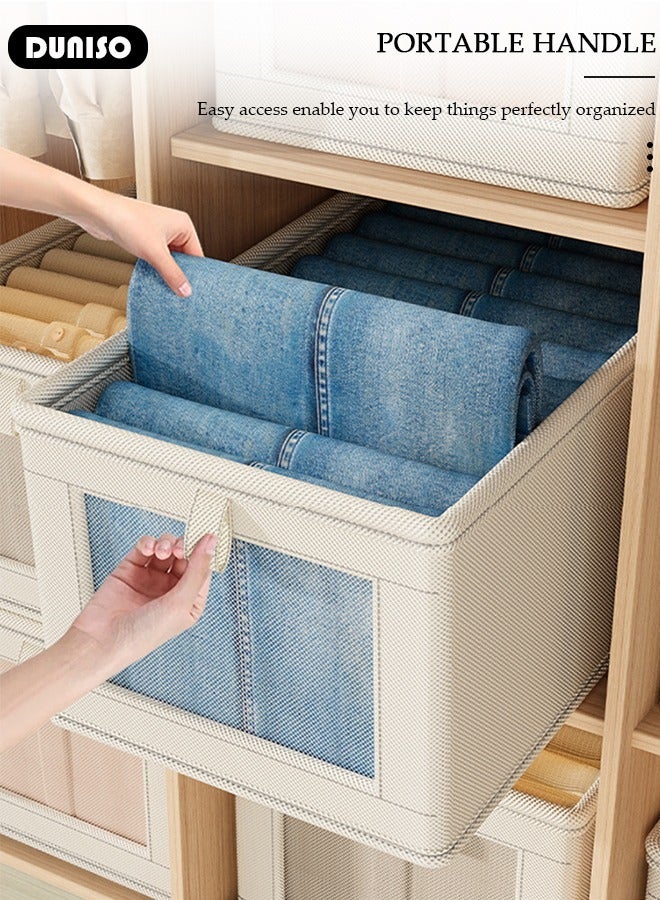 2 Pieces Foldable Closet Storage Organizer with Clear Lid and Window, Washable Closet Storage Boxes with Carrying Handles , Stackable Wardrobe Clothes Organizer,Cube Storage Bin for Clothes Wardrobe Home Bedroom Office