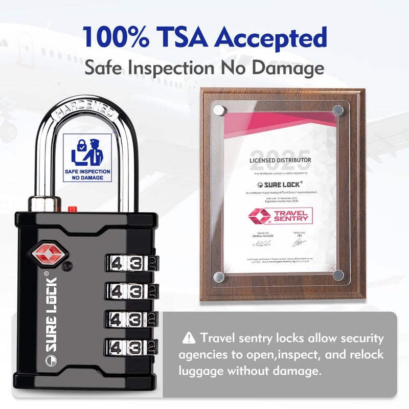 SURE LOCK TSA Accepted Heavy Duty Big Combination Luggage Padlock for Gun Cases, Transporting Equipment Cases in Trade Show, Music and Medical Industries (2, Black) - Image 2