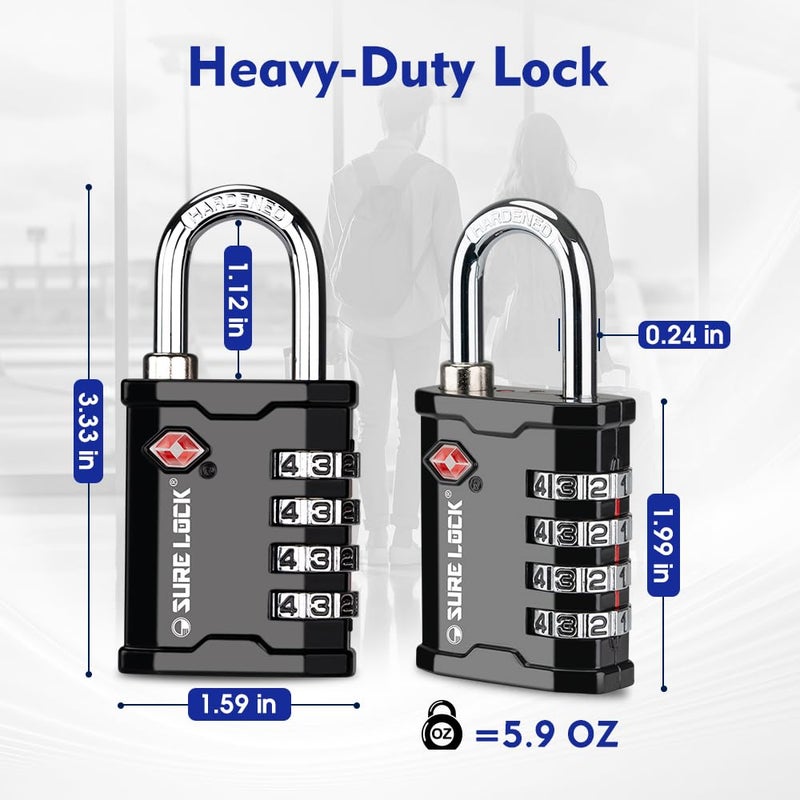SURE LOCK TSA Accepted Heavy Duty Big Combination Luggage Padlock for Gun Cases, Transporting Equipment Cases in Trade Show, Music and Medical Industries (2, Black) - Image 5