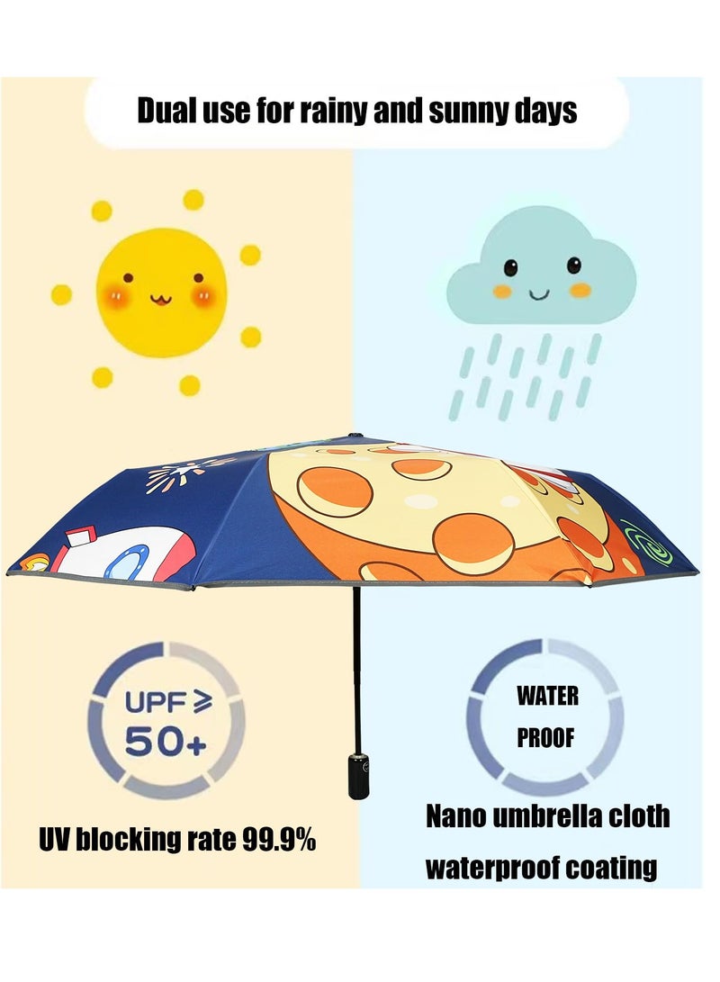 مظلة سفر للأطفال برسوم كرتونية، تفتح وتغلق تلقائيًا، حماية من الأشعة فوق البنفسجية، تصميم مضغوط ومتين للأولاد والبنات، شريط عاكس للسلامة - Image 2
