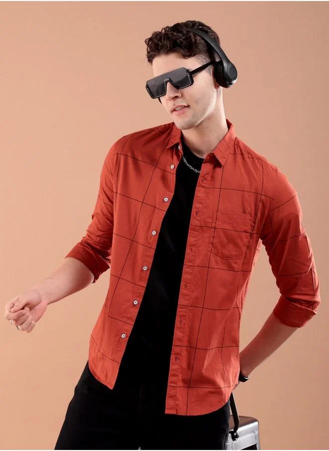 The Indian Garage Co Men Slim Fit Checkered Full Sleeves Spread Collar Casual Shirt