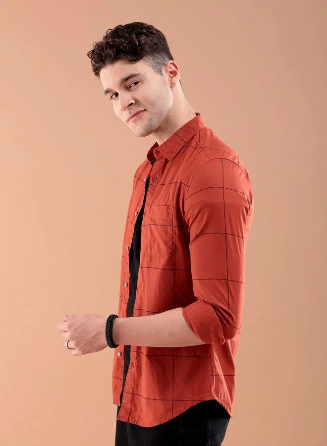 شركة المرآب الهندية Men Slim Fit Checkered Full Sleeves Spread Collar Casual Shirt
