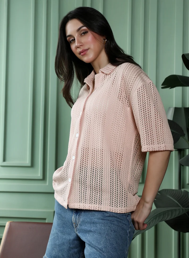 Pinacolada  Women's Nude Pink Ziggy-Crochet Oversized Shirt for Women | Best Price UAE