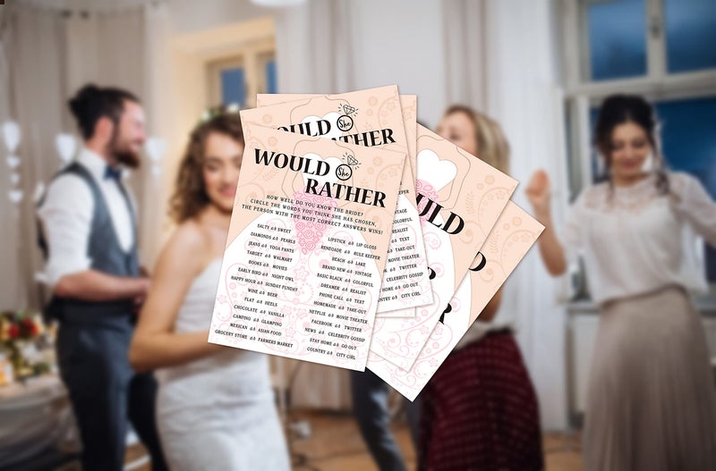 Huastatewolf Bridal Shower Game Cards, Would She Rather Game, Brid with Holding Flowers Pink Engagement Party Cards for Wedding, Set of 30 Cards(Dress003) - Image 5